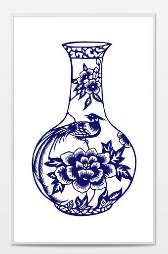 中国风简约青花瓷花瓶剪纸装饰图案元素