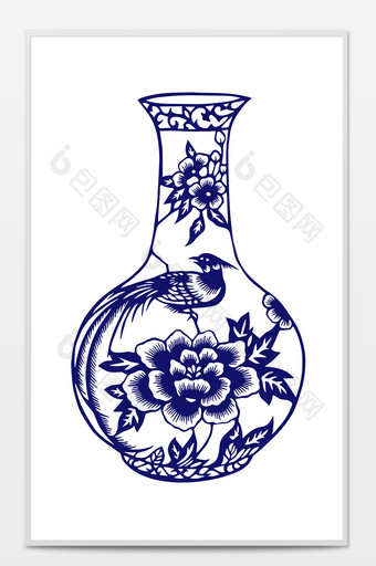 中国风简约青花瓷花瓶剪纸装饰图案元素图片