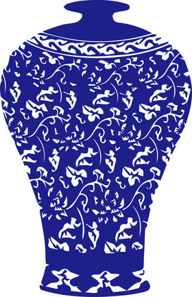 中国风蓝色青花瓷花瓶剪纸装饰图案元素