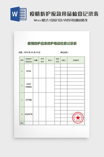 疫情应急防护用品检查记录表Word模板图片