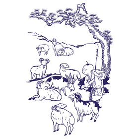 纯色线稿中国风青花瓷九羊牧童插画图片