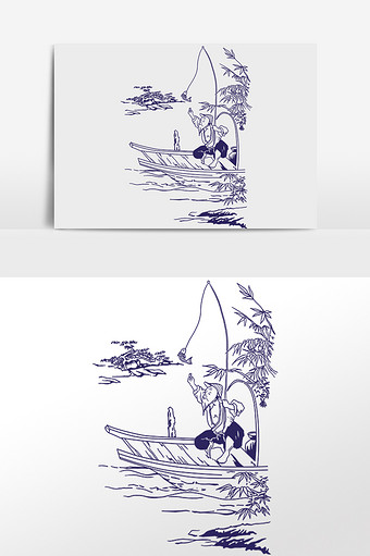 纯色线条青花瓷图案印花钓鱼插画图片