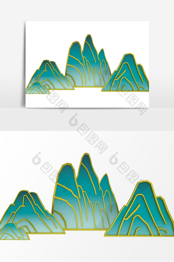 青色国潮渐变水墨高山新中式山水元素设计图片图片