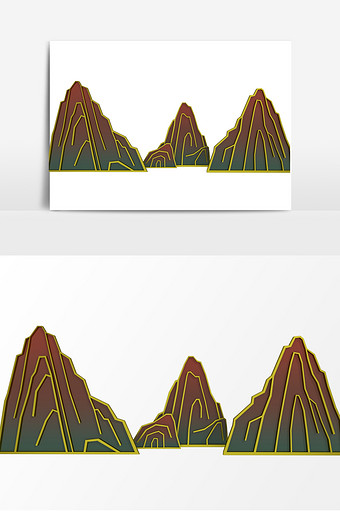 复古鎏金线条高山新中式山水元素设计图片