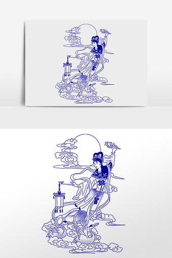 中国风古代青花瓷传统纹样嫦娥奔月插画图片