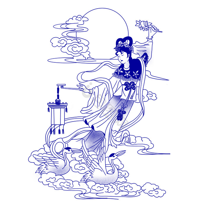 古代青花瓷纹样嫦娥奔月插画图片