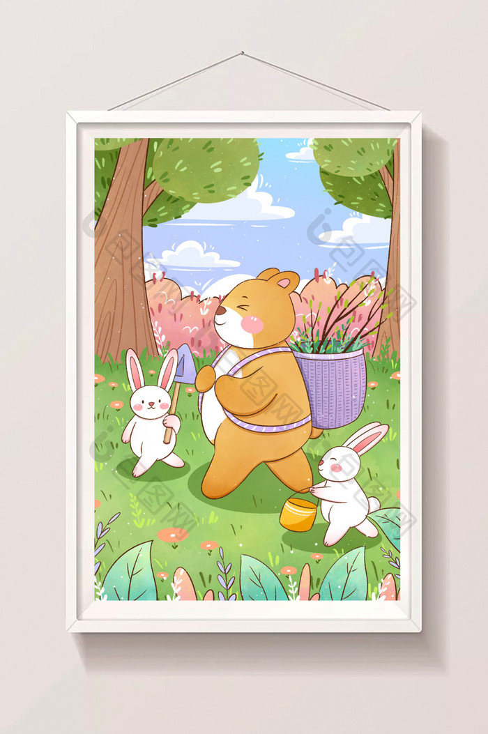小熊与兔子一起去植树插画
