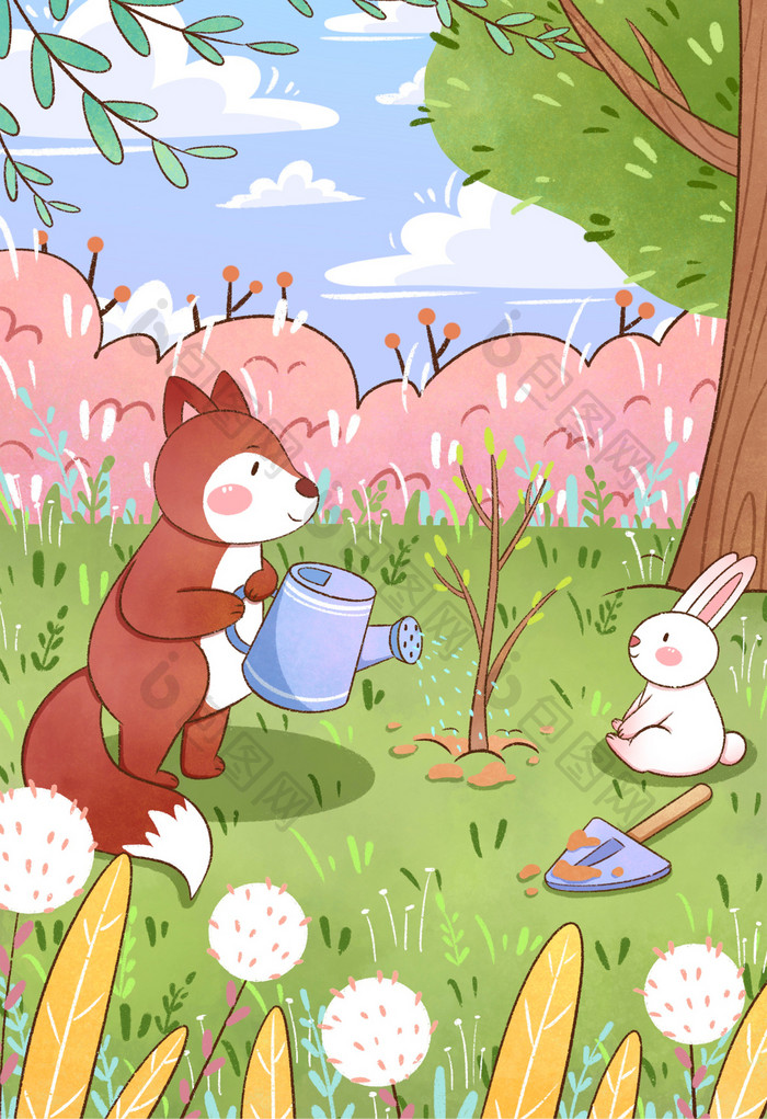 手绘清新狐狸与兔子植树插画