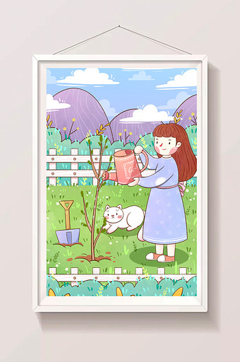 清新植树节女孩花园给树苗浇水插画图片