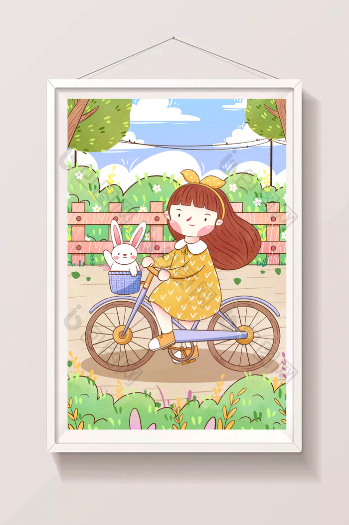 春分节气女孩骑自行车郊游插画