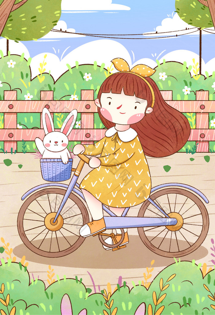 春分节气女孩骑自行车郊游插画