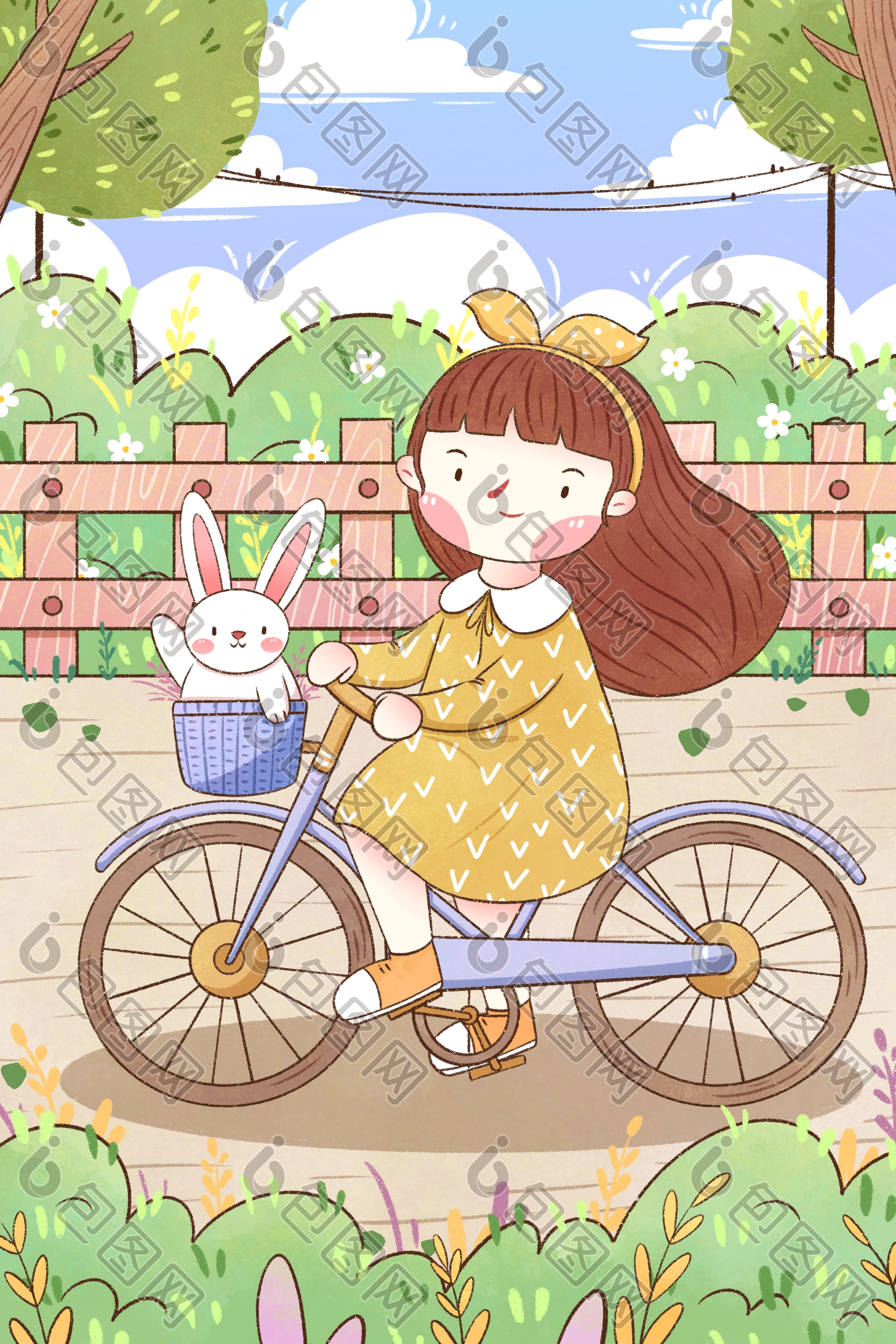 春分节气女孩骑自行车郊游插画图片
