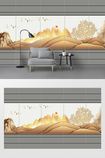 新中式轻奢软装硬装金色山水组合电视背景墙图片