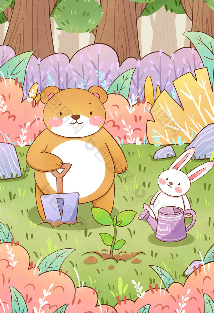 植树节小熊与兔子一起种树插画