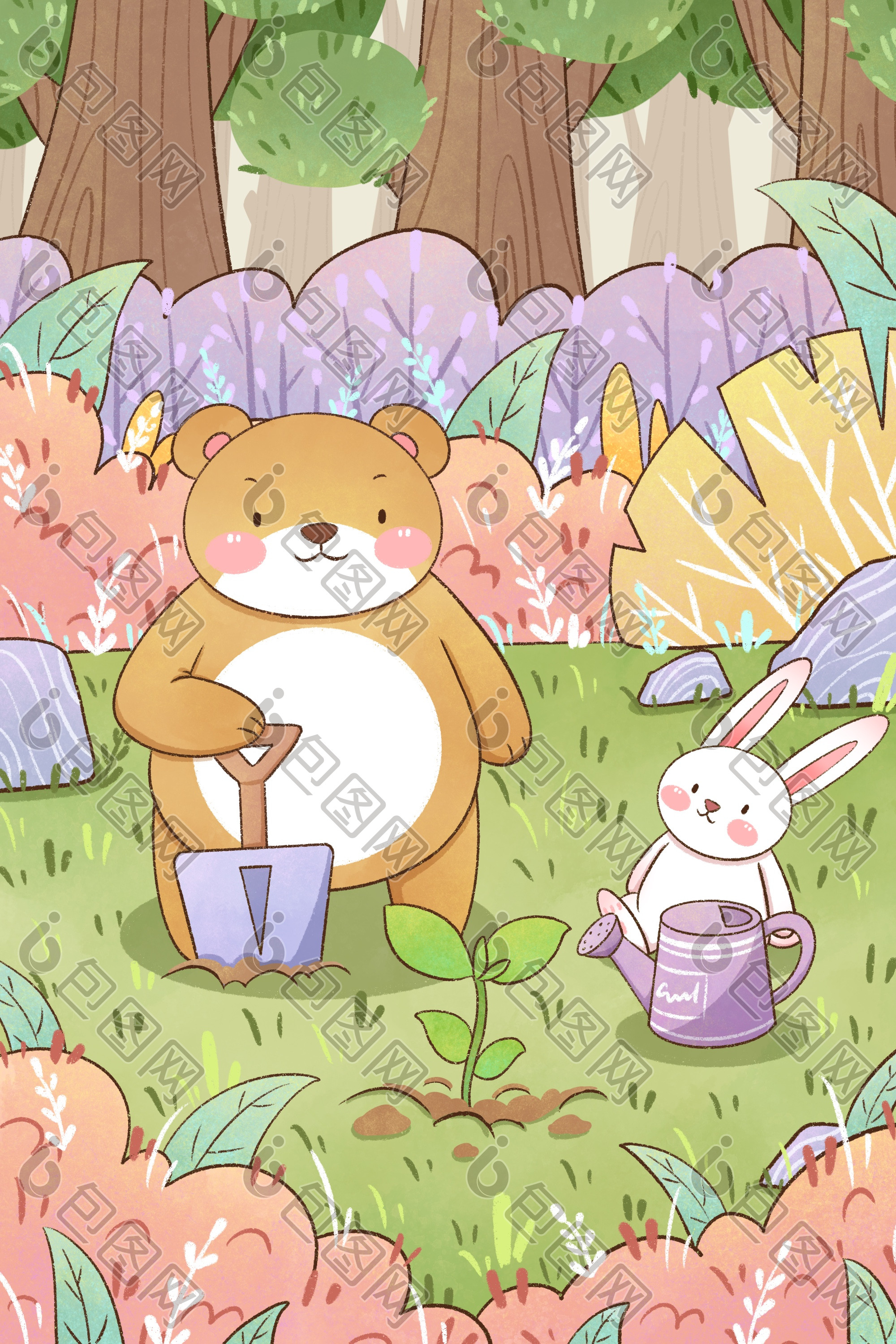 植树节小熊与兔子一起种树插画图片