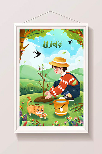 清新植树节种树女孩与猫春天树林插画图片