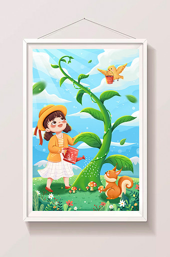 清新植树节浇水女孩与鸟松鼠春天插画图片