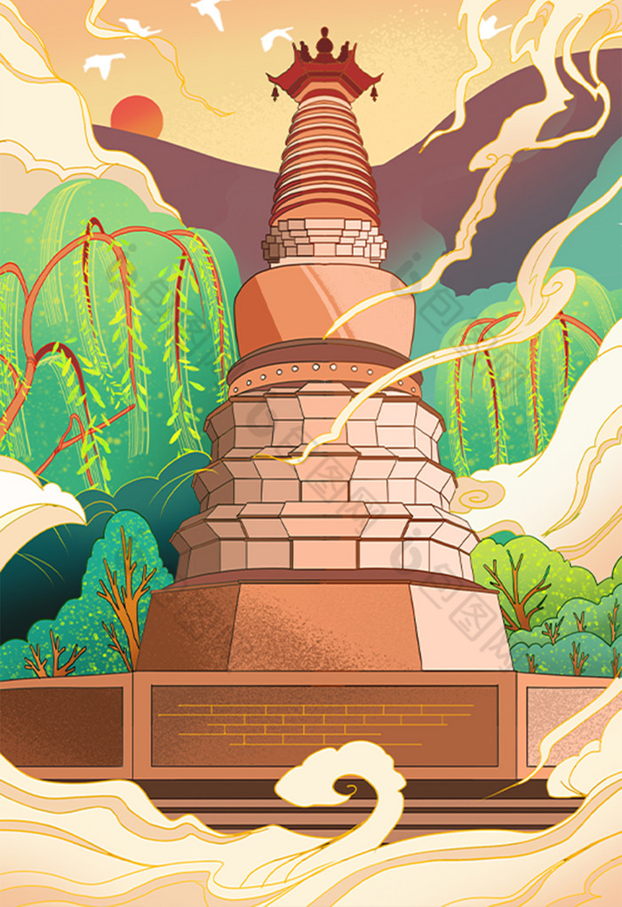 敦煌白马塔旅游插画图片