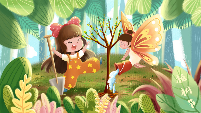 温暖天真女孩和蝴蝶仙子植树节插画图片