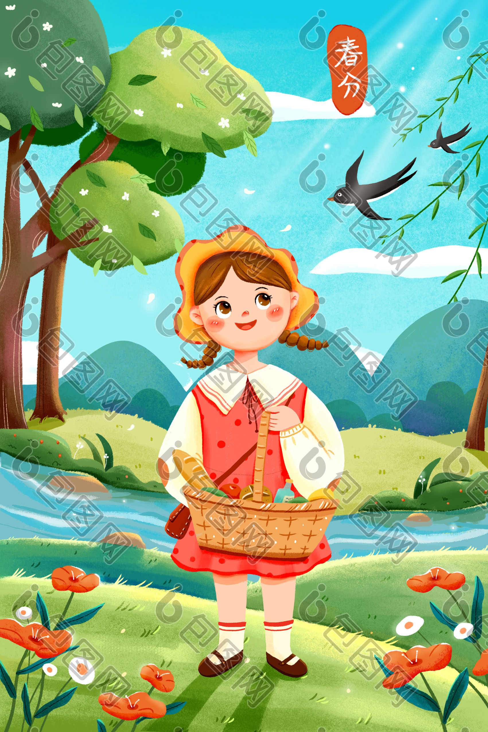 春分春天阳光云朵小女孩花朵燕子插画图片