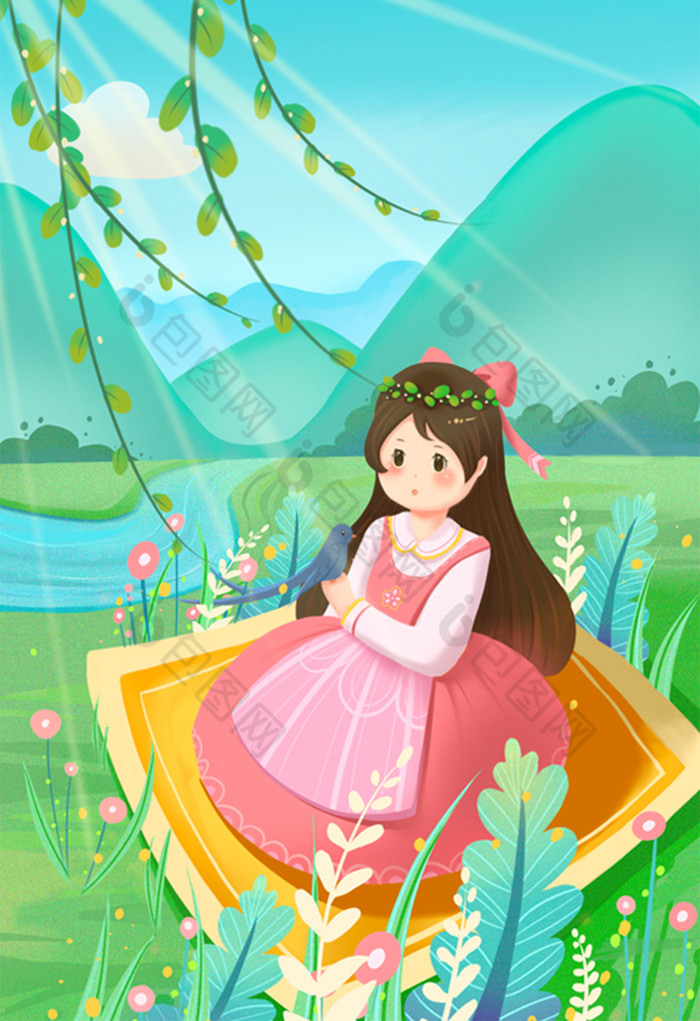 惊蛰春天女孩微风万物生长植物插画