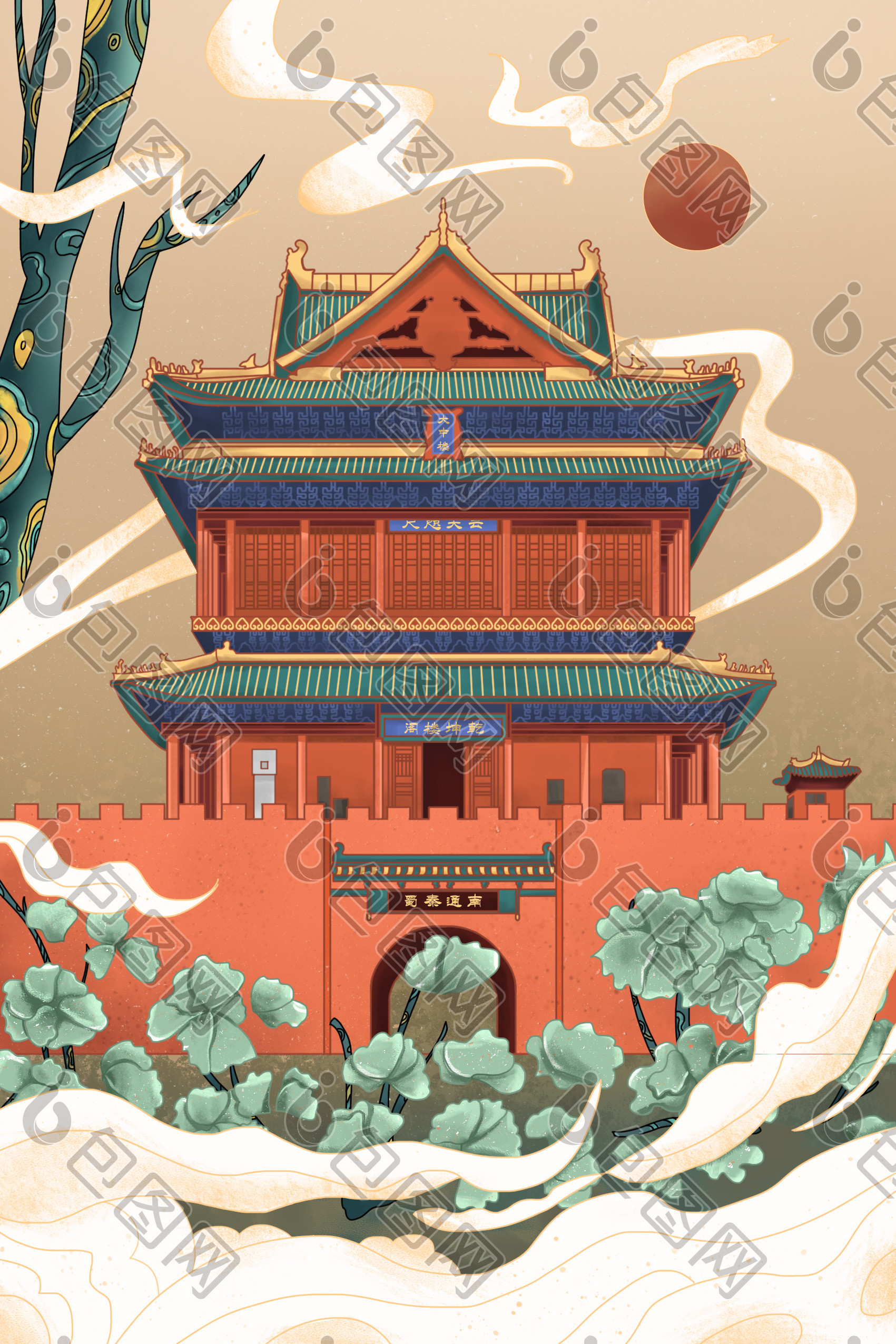 临汾鼓楼国潮插画图片