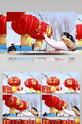实拍传统节日街头卖春联买红灯笼图片