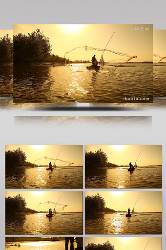 夕阳下渔民湖边撒网捕鱼图片