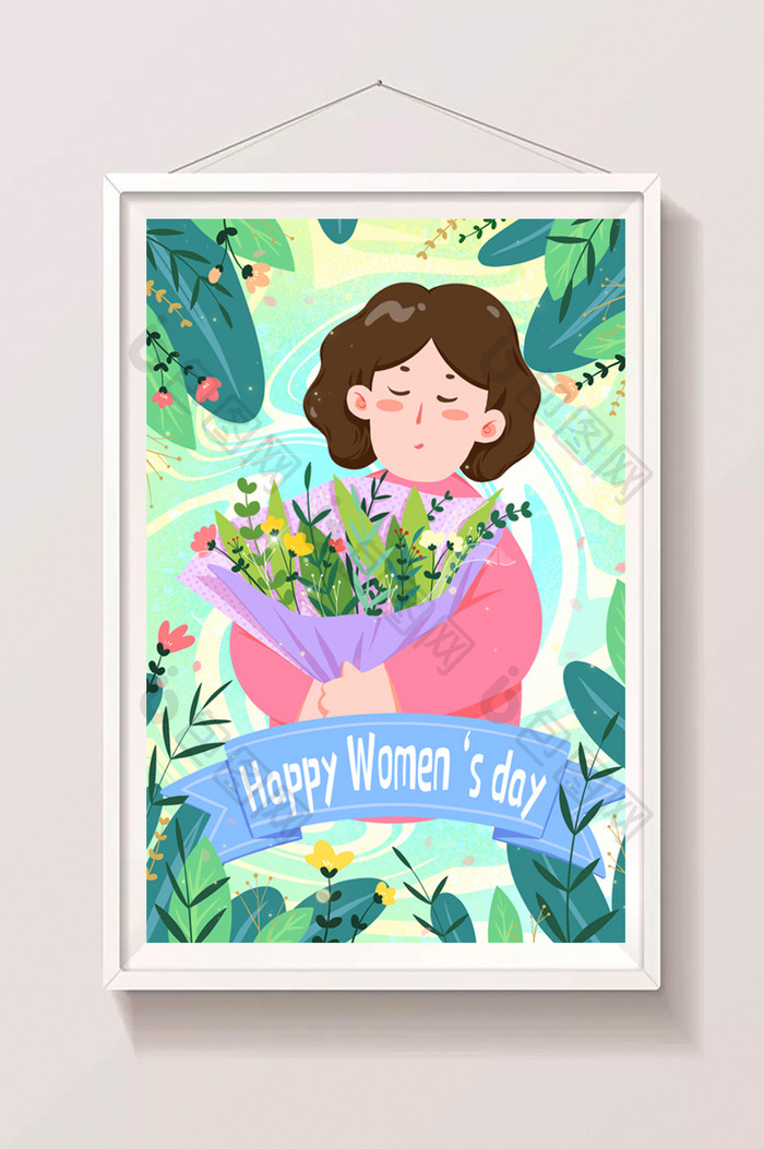 三八妇女节女性节日鲜花掌声绿色妈妈插画