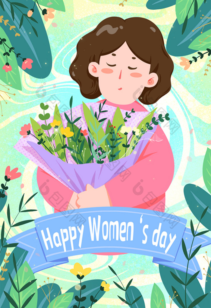 三八妇女节女性节日鲜花掌声绿色妈妈插画