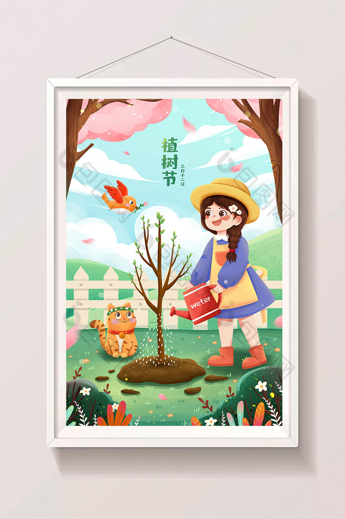 清新3.12植树节种树女孩与猫春天插画