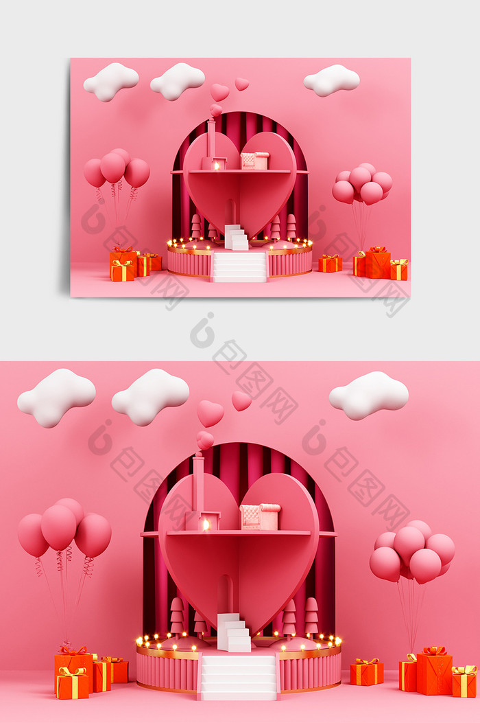 C4D粉色卡通风格情人节创意场景效果