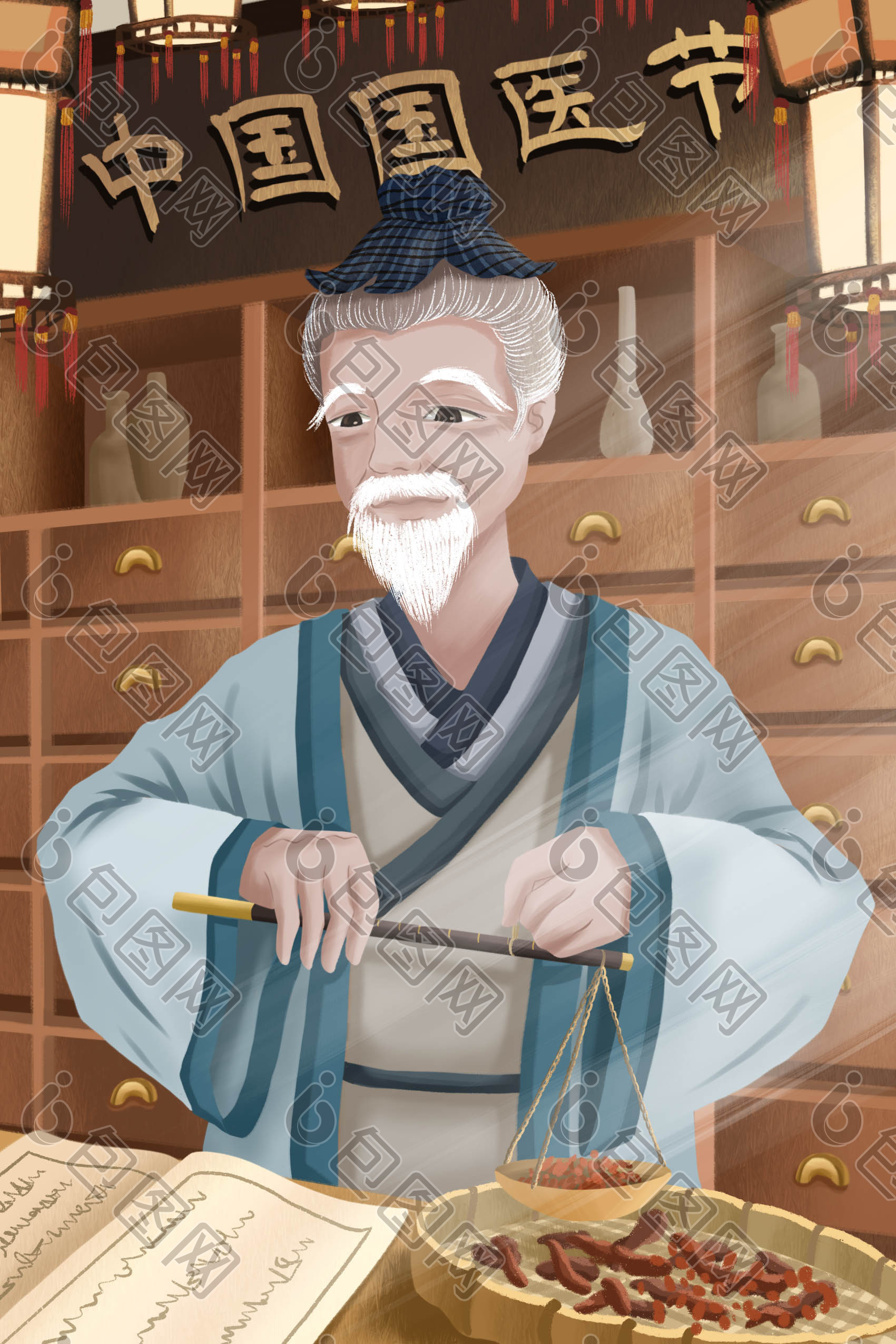 温馨暖色系古风中医老大夫插画图片