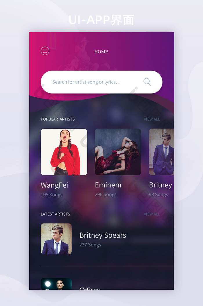深色毛玻璃音乐APP搜索页UI移动界面
