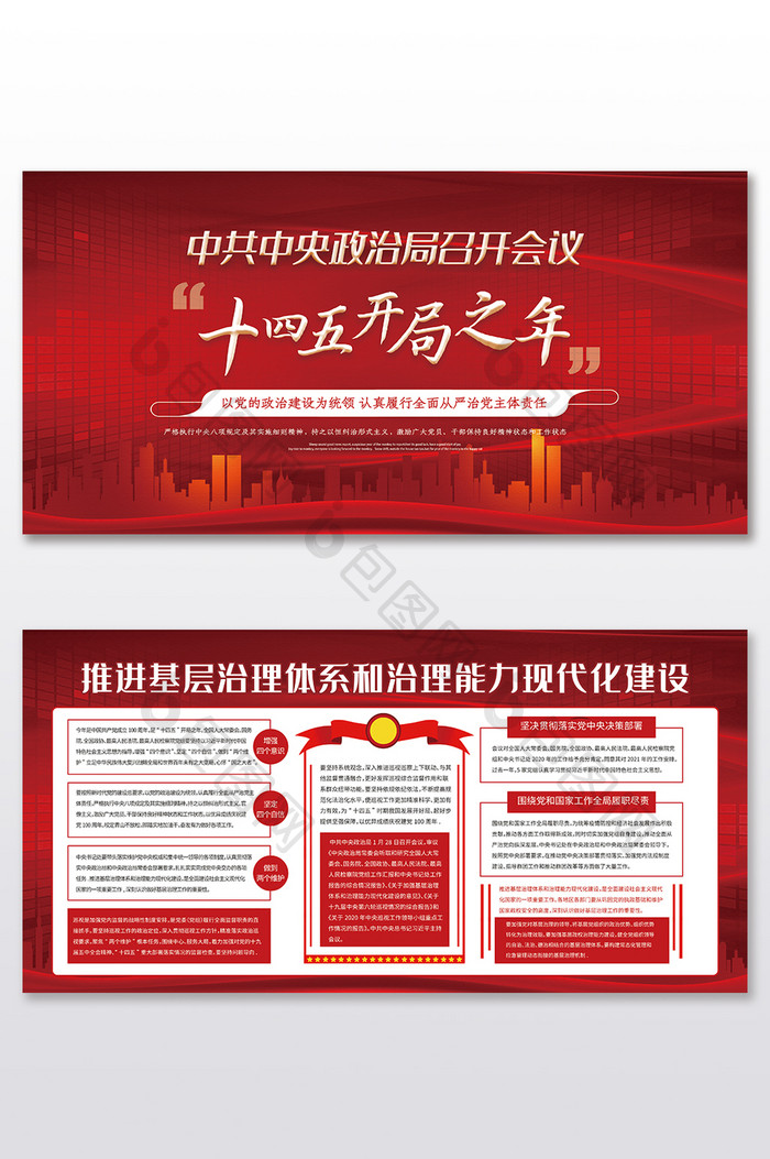 大气时尚红色中共中央政治局会议两件套展板