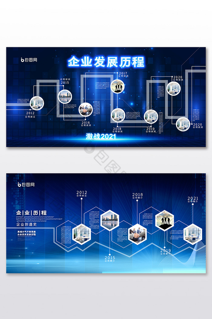 蓝色科技风格企业历史墙展板二件套