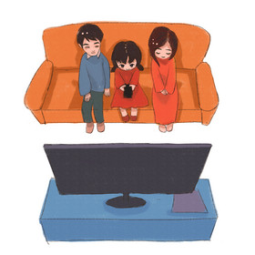 一家人看电视手绘插画