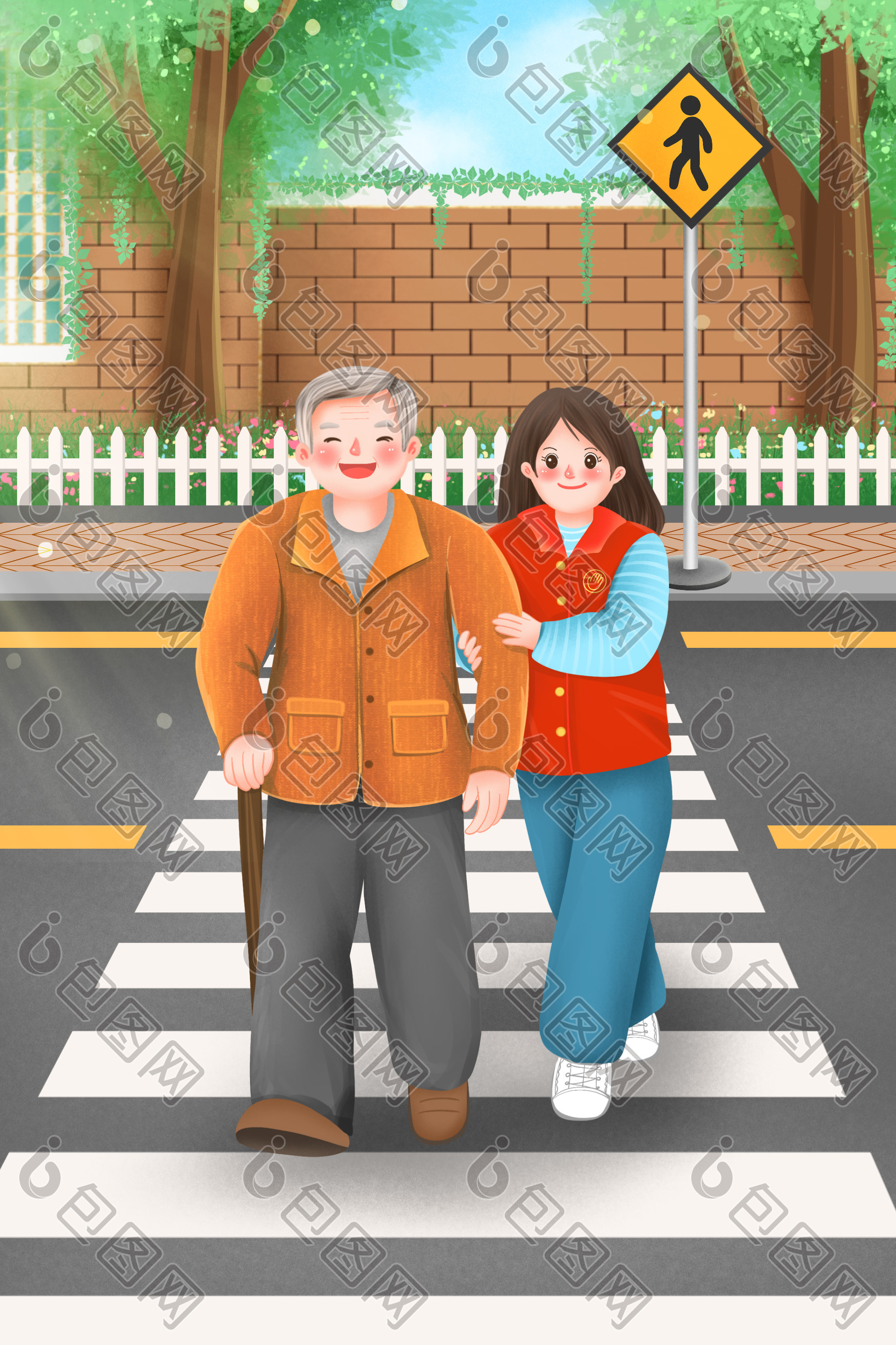 志愿者助人为乐扶老人过马路插画图片