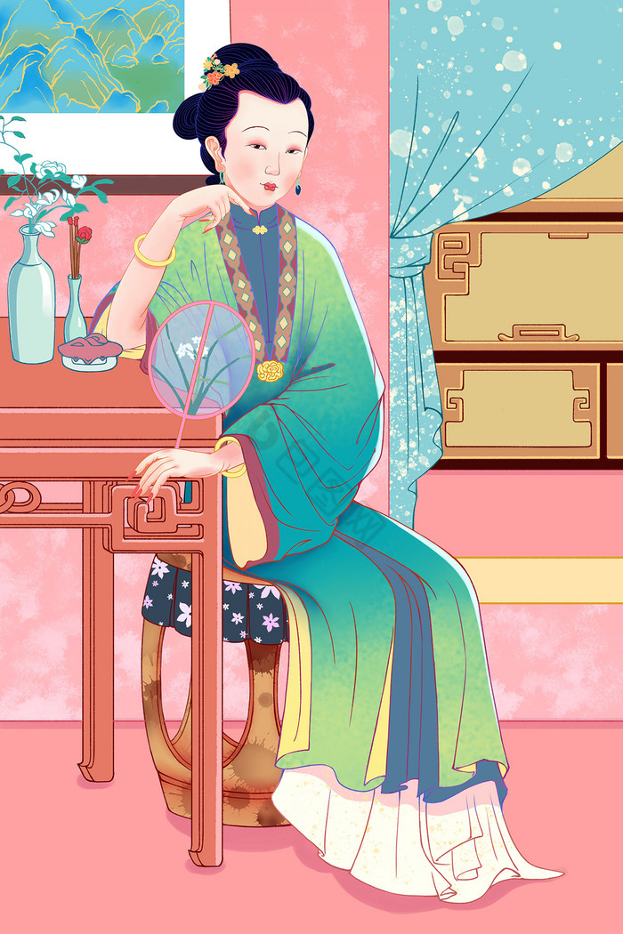 古风侍女插画png下载-包图网