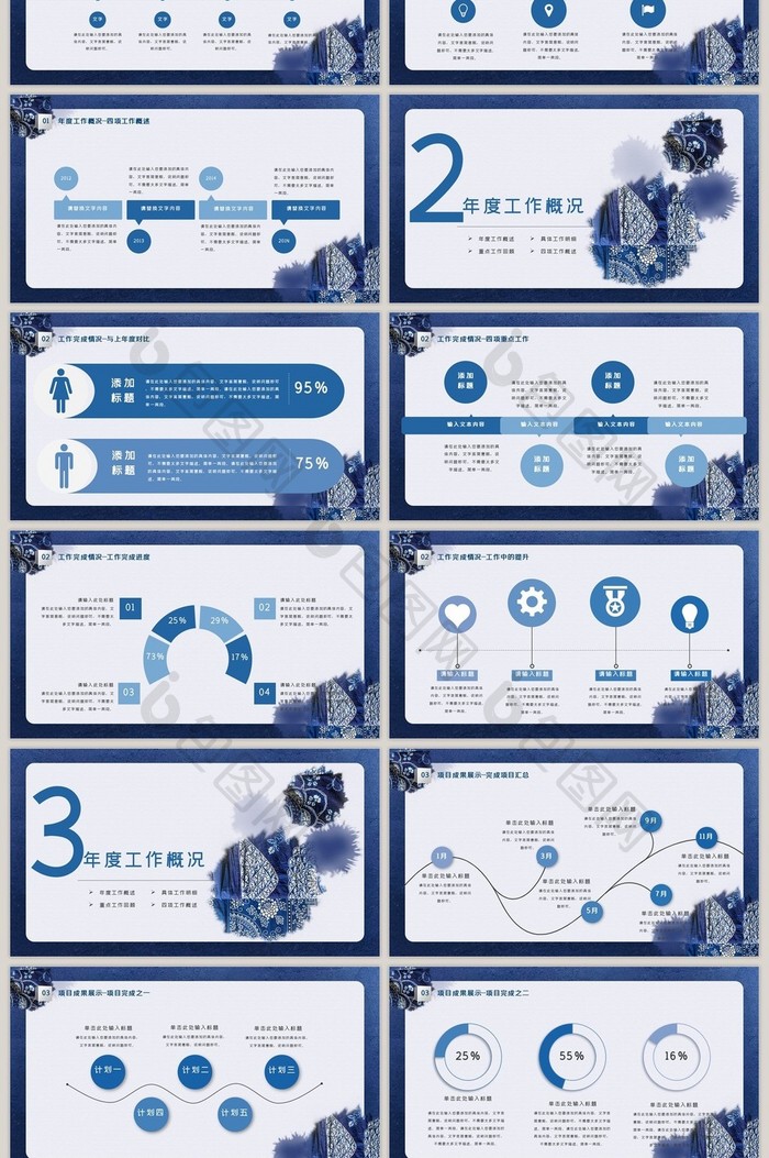 蓝色扎染风格纹理水墨商务通用PPT模板