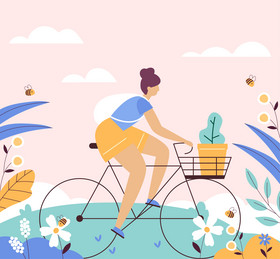 春夏季骑自行车女孩微信朋友圈封面矢量