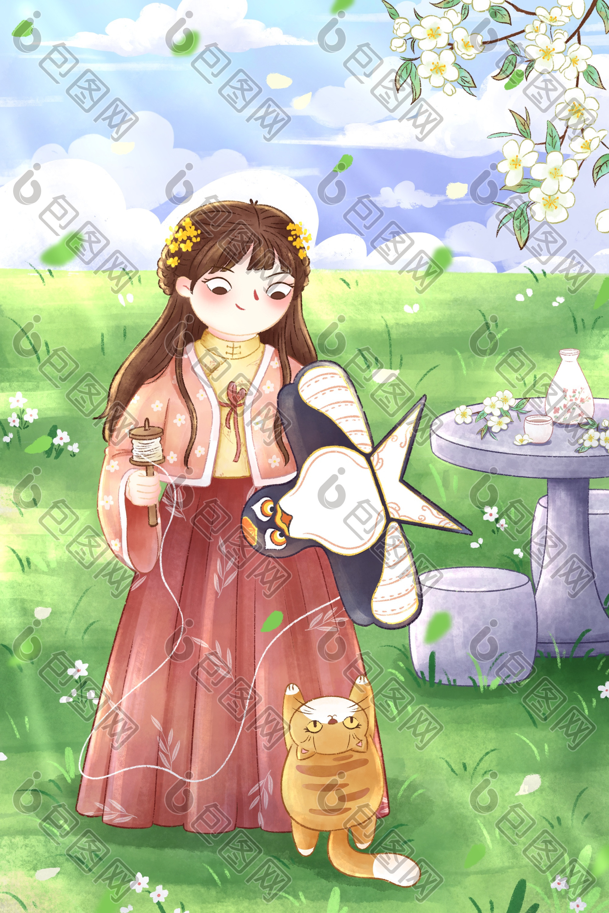中国风女孩放风筝插画图片