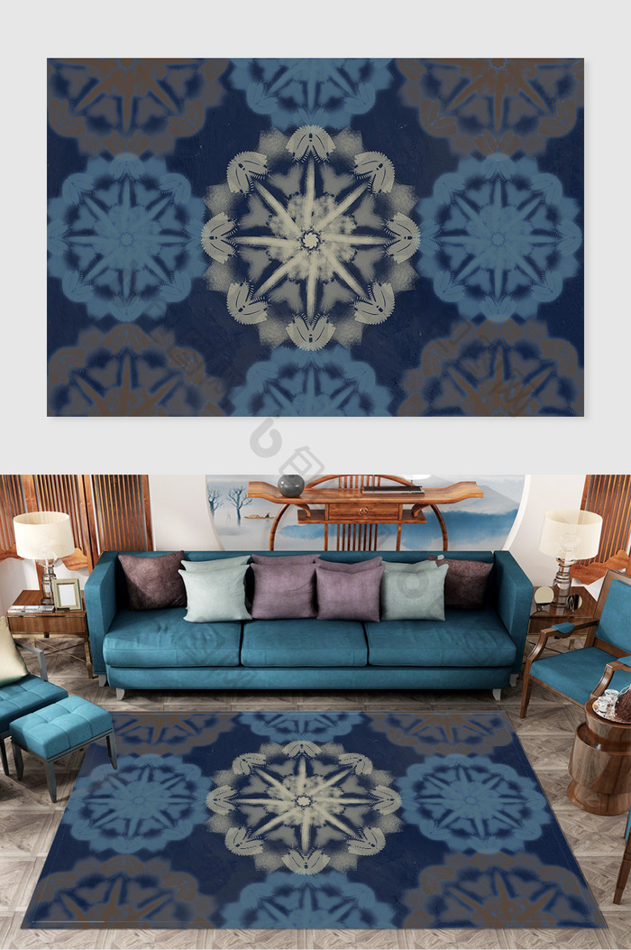蓝色扎染布料水彩民族艺术风格地毯