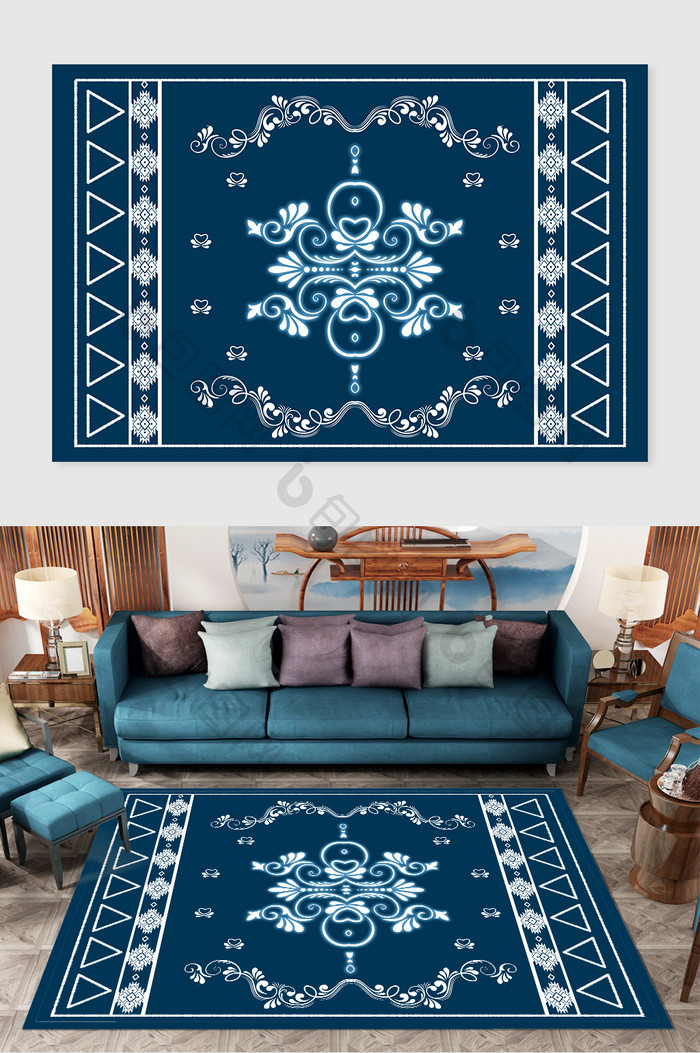中式民族风扎染蓝色印花纹图案地毯