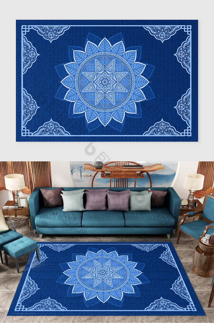 蓝色鲜花扎染布料布纹民族艺术风格花纹地毯