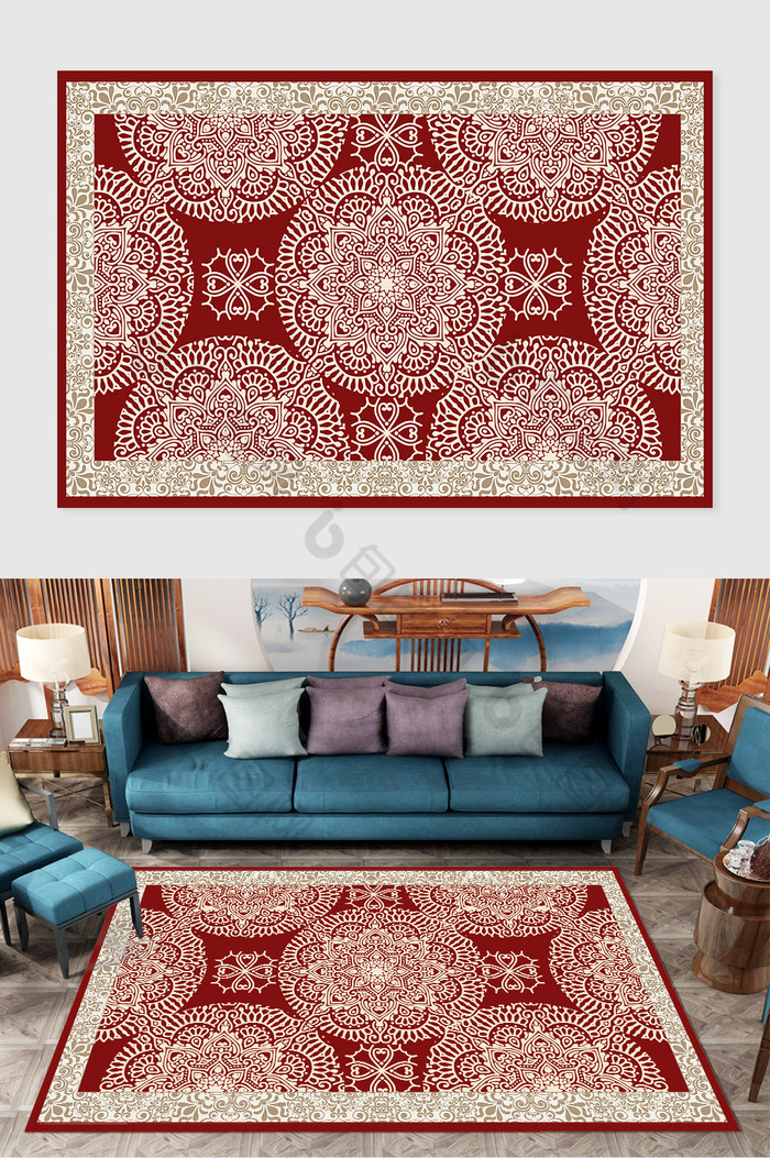红色布料摩洛哥民族艺术风格花纹地毯图片图片