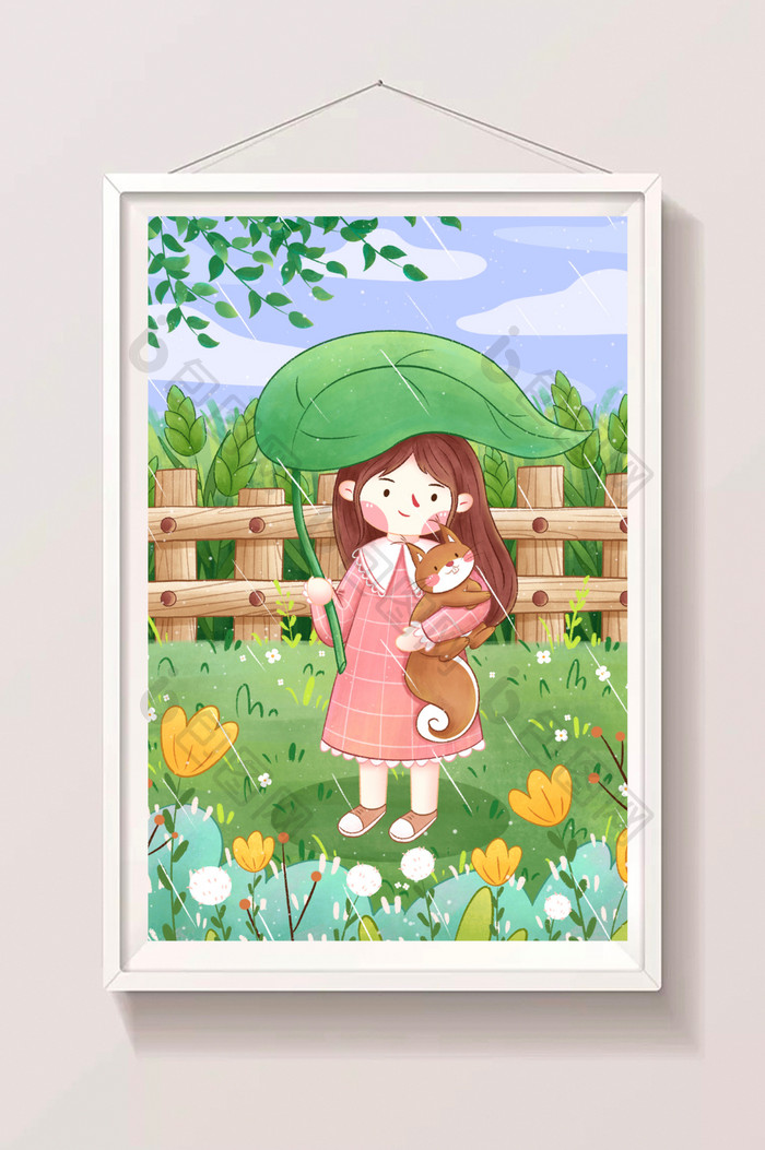 谷雨节气女孩与松鼠插画