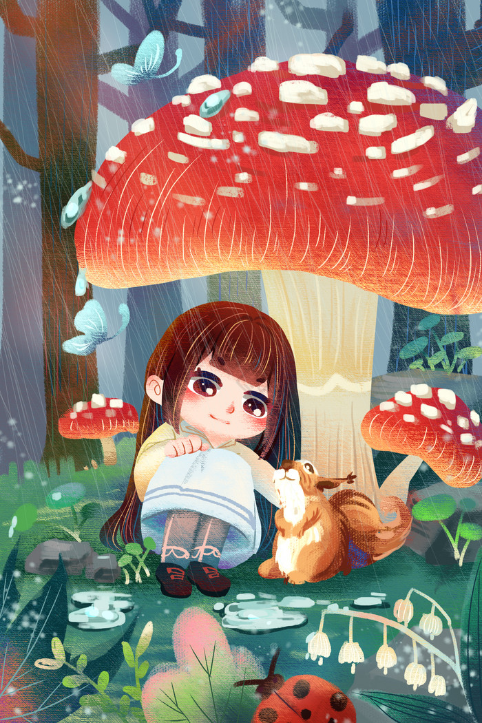 下雨天小女孩与小松鼠在蘑菇下躲雨插画图片