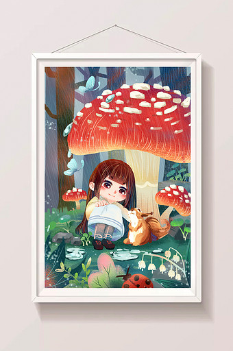 下雨天小女孩与小松鼠在蘑菇下躲雨插画图片