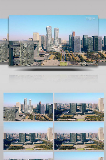 4K航拍杭州CBD远眺奥体钱塘江市民中心图片